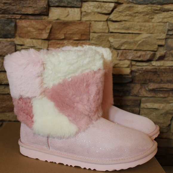 UGG NEW GIRL'S PATCHWORK FLUFF BOOTS PINK 1 3 - Picture 4 of 8